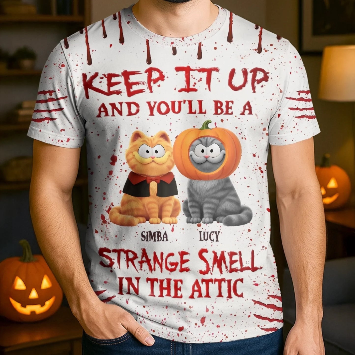 Custom Unisex T-shirt - Personalized Halloween Birthday Gifts For Cat Lovers, Cat Mom And Dad - Blood Stains, Fur Stains