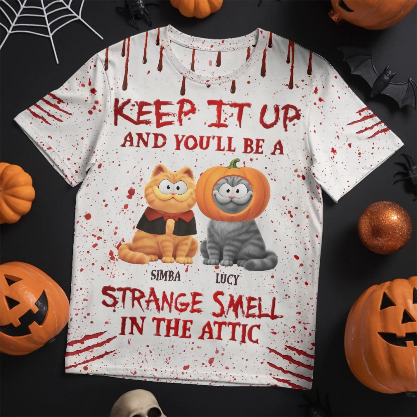 Custom Unisex T-shirt - Personalized Halloween Birthday Gifts For Cat Lovers, Cat Mom And Dad - Blood Stains, Fur Stains