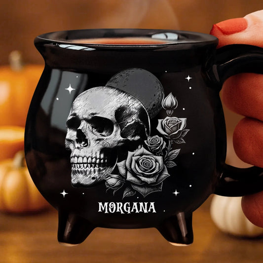 Custom 12oz Ceramic Cauldron Coffee Mug - Personalized Halloween Witchy Gifts For Besties, Sisters, BFF, Family, Yourself - Roses And Skulls, Beauty In The Shadows