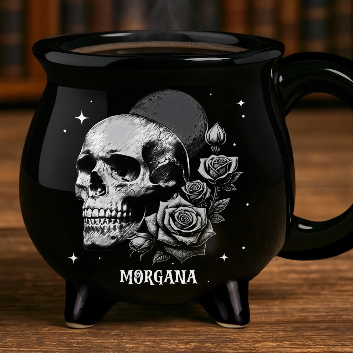 Custom 12oz Ceramic Cauldron Coffee Mug - Personalized Halloween Witchy Gifts For Besties, Sisters, BFF, Family, Yourself - Roses And Skulls, Beauty In The Shadows