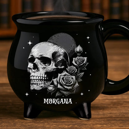 Custom 12oz Ceramic Cauldron Coffee Mug - Personalized Halloween Witchy Gifts For Besties, Sisters, BFF, Family, Yourself - Roses And Skulls, Beauty In The Shadows