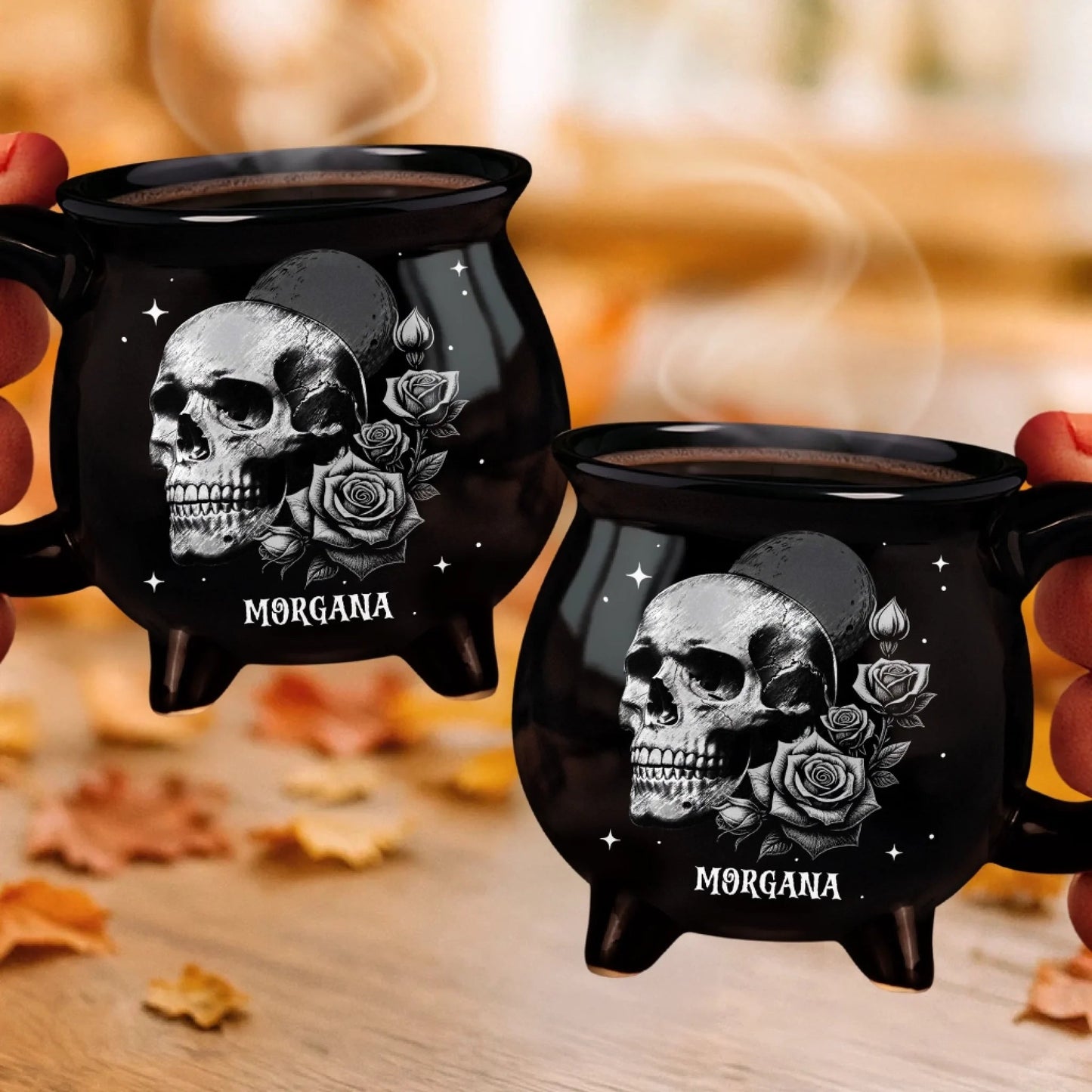 Custom 12oz Ceramic Cauldron Coffee Mug - Personalized Halloween Witchy Gifts For Besties, Sisters, BFF, Family, Yourself - Roses And Skulls, Beauty In The Shadows