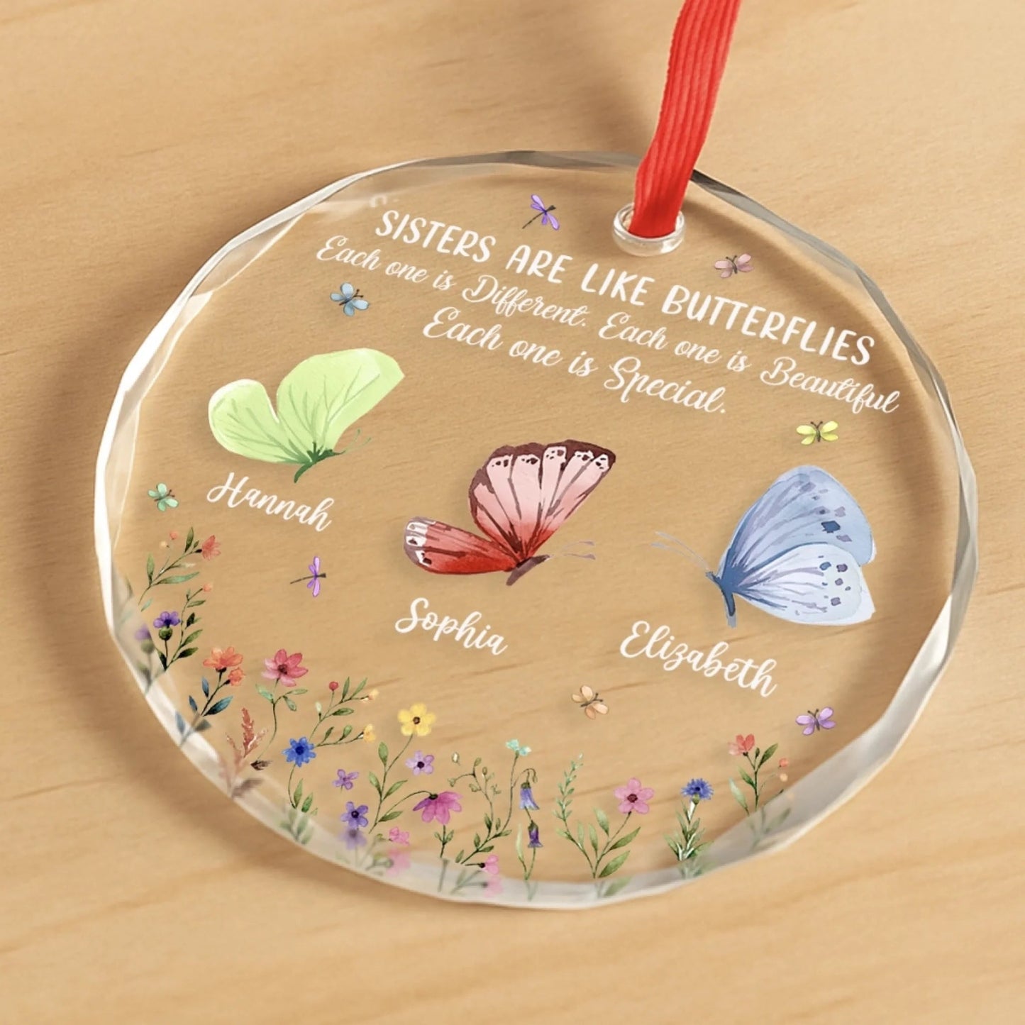 Custom Circle Acrylic Ornament - Personalized Best Friend Christmas Birthday Gifts For Women, Besties, Sisters, BFF - Bestie Joy Flutters Like Butterflies
