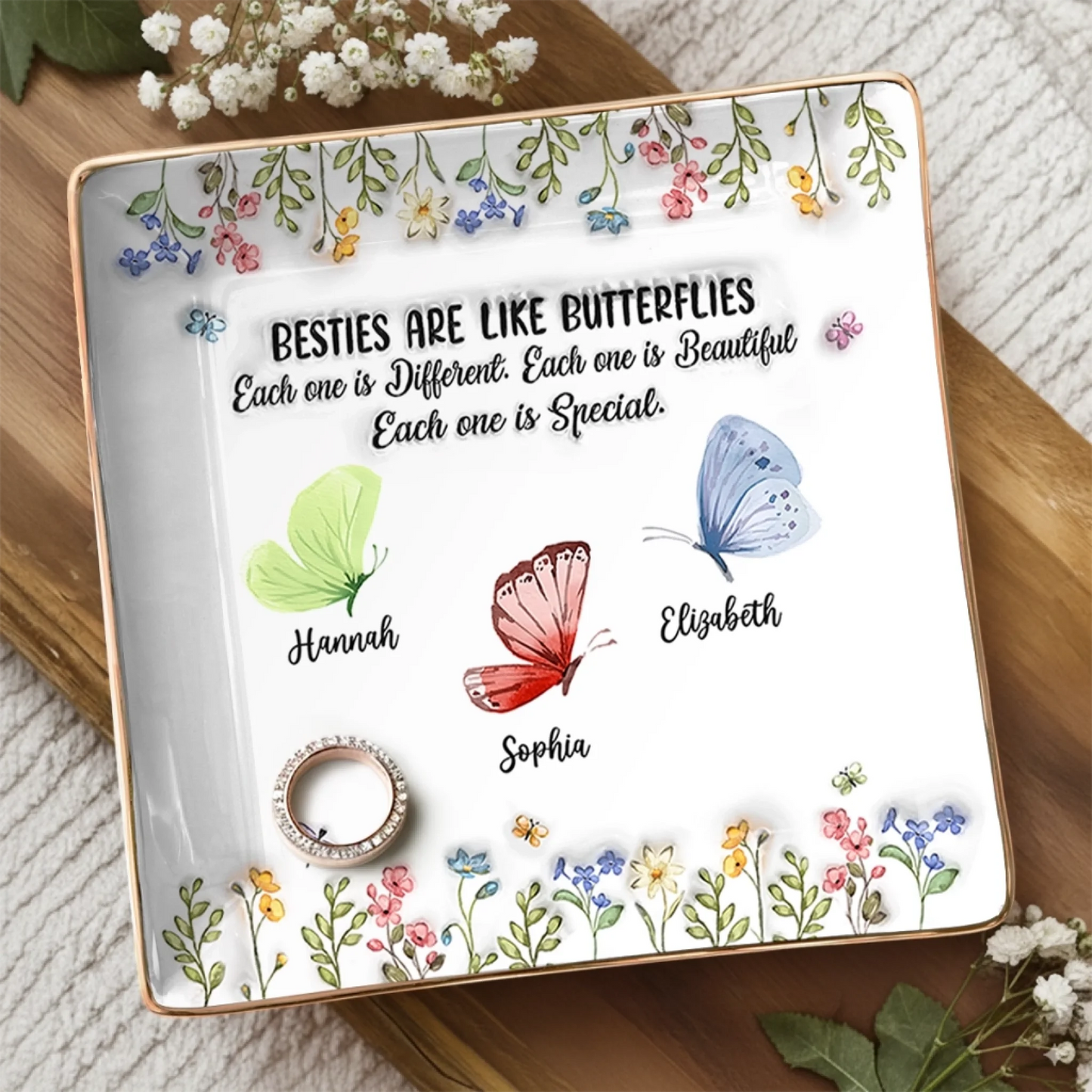 Custom Butterfly Full-Print Jewelry Dish - Personalized Best Friend Birthday Gifts For Women, Besties, Sisters, BFF - Friends Are Flowers That Never Fade