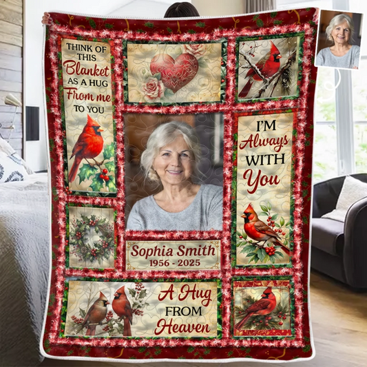 Custom Photo Cardinal Blanket - Personalized Christmas Memorial Sympathy Gifts For Loss Of Mom, Dad - Always Remembered Never Forgotten