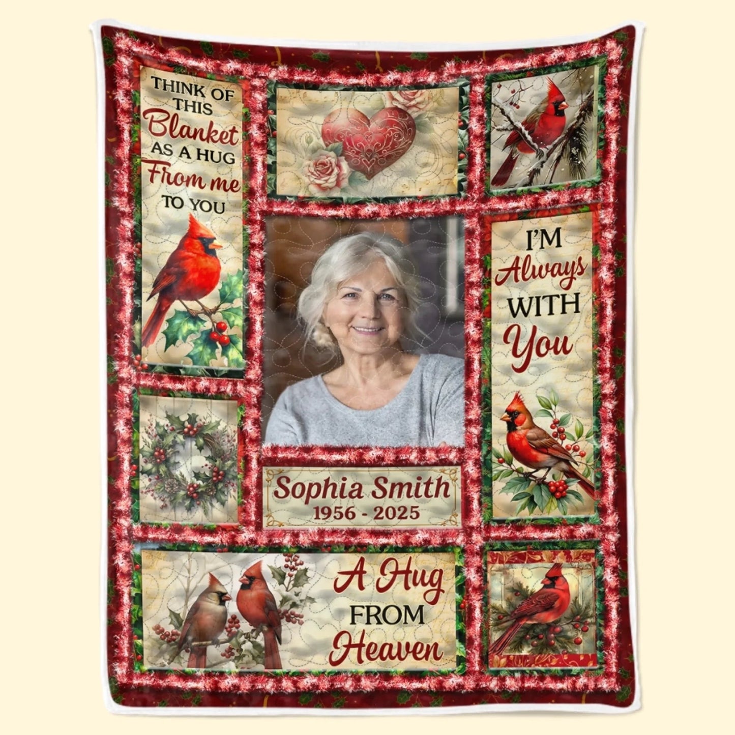 Custom Photo Cardinal Blanket - Personalized Christmas Memorial Sympathy Gifts For Loss Of Mom, Dad - Always Remembered Never Forgotten