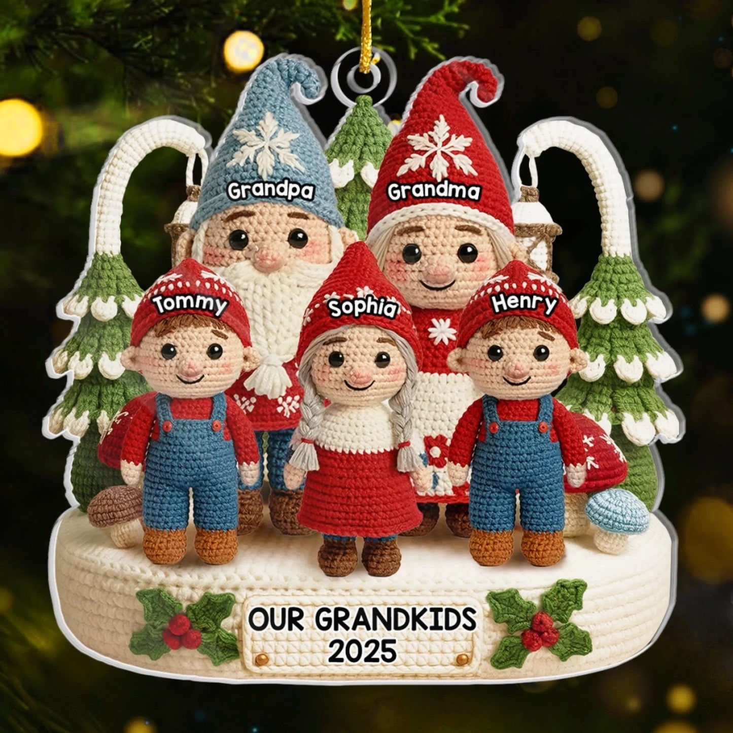 Custom Crochet Gnome Acrylic Ornament - Personalized Christmas Birthday Gifts For Grandpa, Grandma - Together We Celebrate Christmas Joy