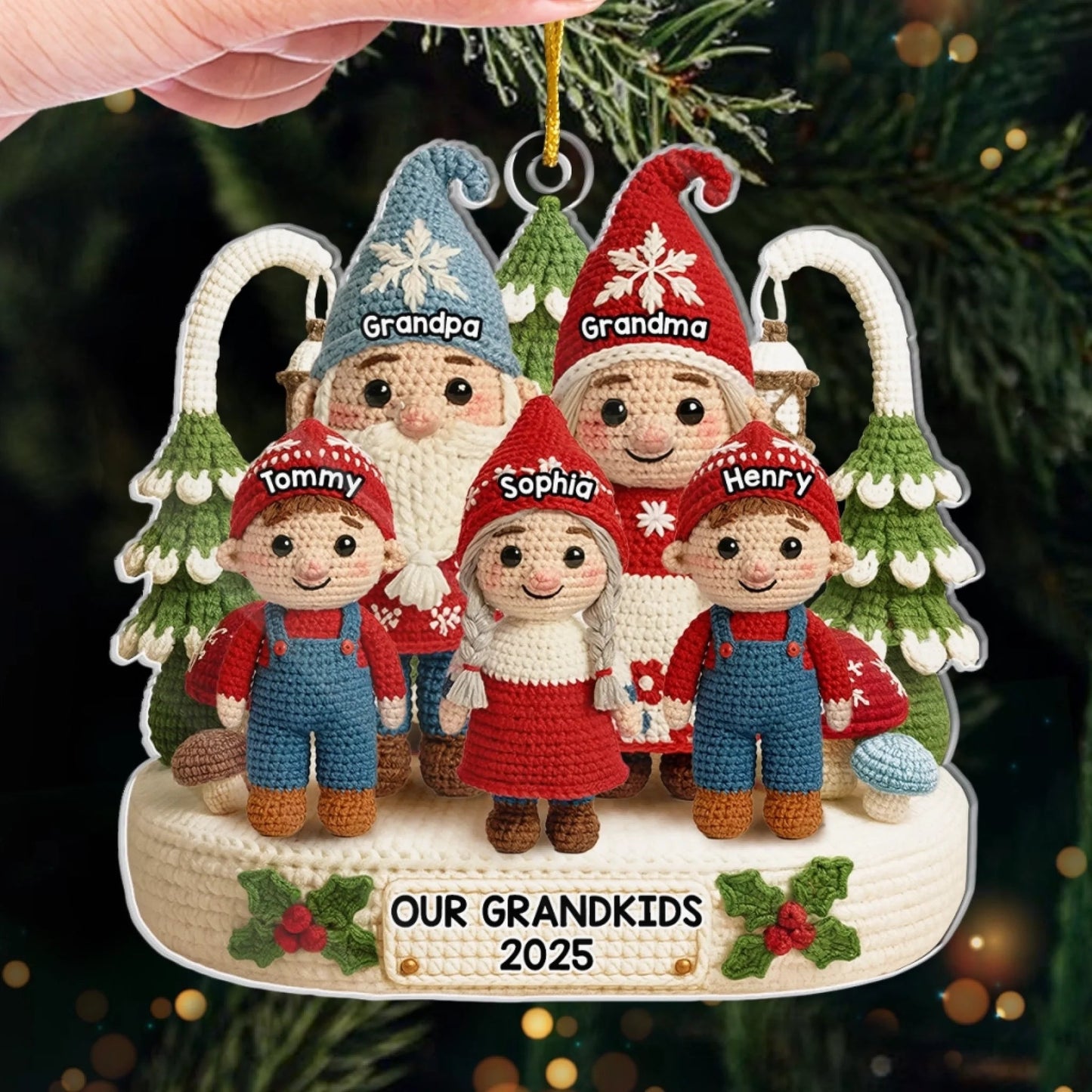Custom Crochet Gnome Acrylic Ornament - Personalized Christmas Birthday Gifts For Grandpa, Grandma - Together We Celebrate Christmas Joy