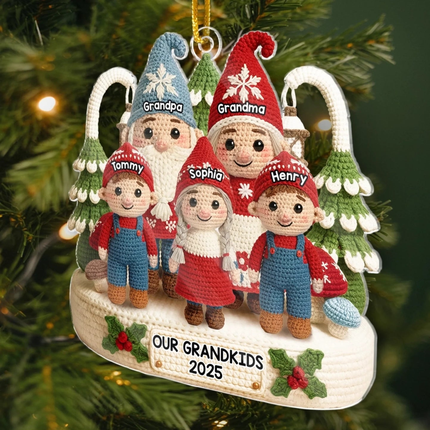 Custom Crochet Gnome Acrylic Ornament - Personalized Christmas Birthday Gifts For Grandpa, Grandma - Together We Celebrate Christmas Joy