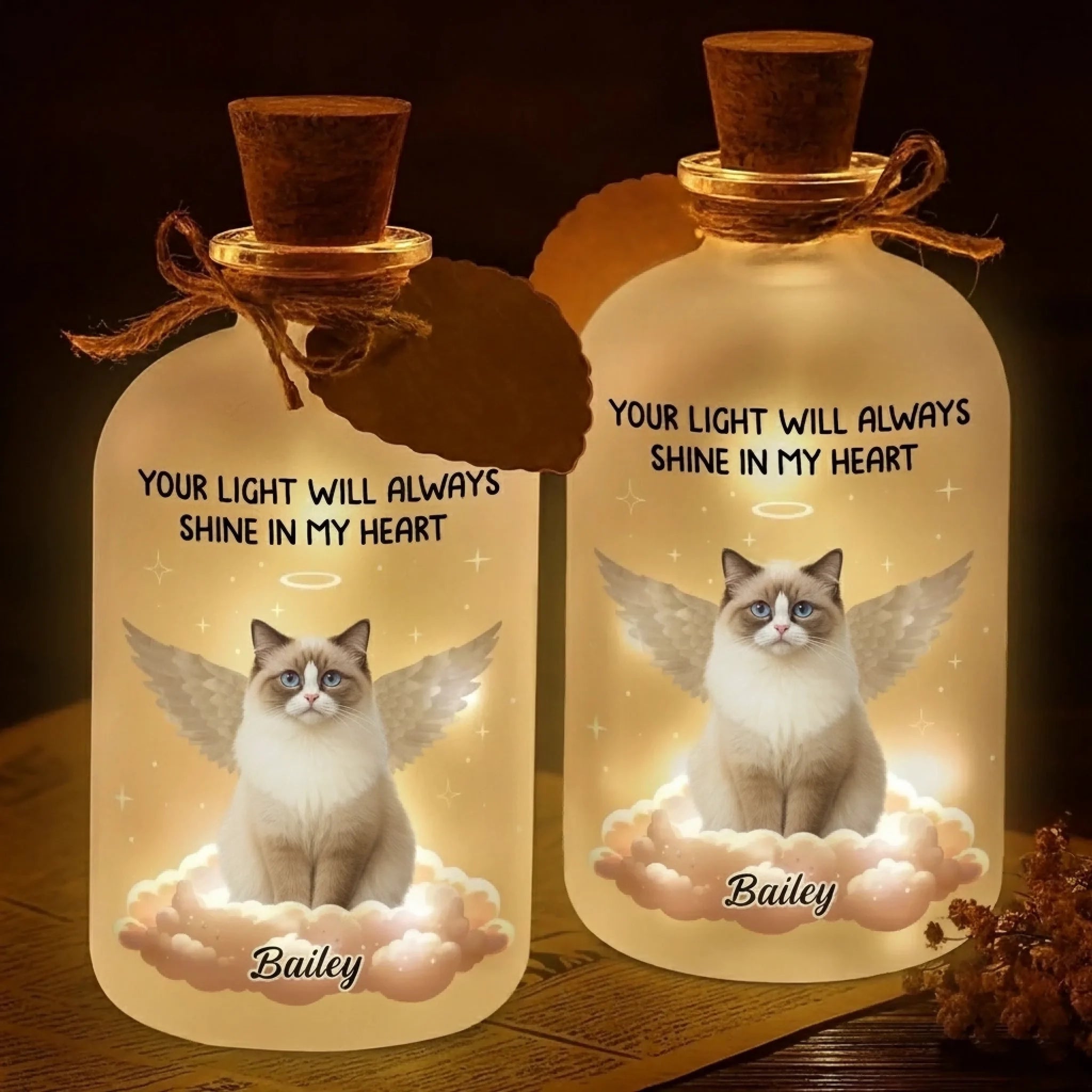 Custom Photo Glass Bottle LED Light - Personalized Pet Christmas Memorial Sympathy Gifts For Dogs, Cats - Warm Memories Of Paws And Love