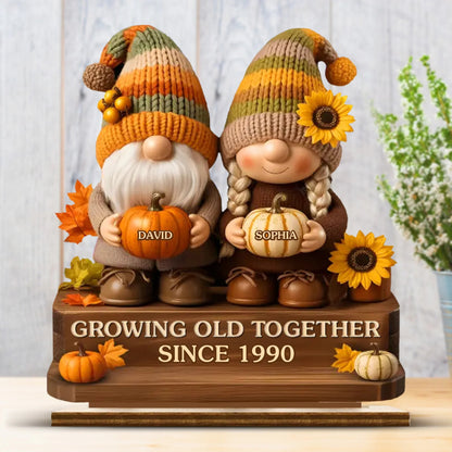 Custom Autumn Gnome Wooden Plaque - Personalized Anniversary Wedding Gifts For Husband And Wife, Him And Her - Love Grows Like Sunflowers