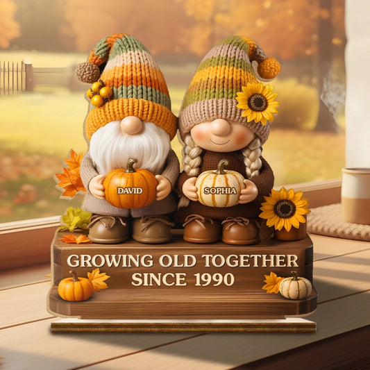 Custom Autumn Gnome Wooden Plaque - Personalized Anniversary Wedding Gifts For Husband And Wife, Him And Her - Love Grows Like Sunflowers
