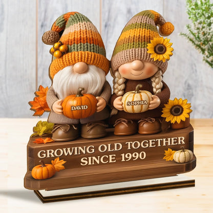 Custom Autumn Gnome Wooden Plaque - Personalized Anniversary Wedding Gifts For Husband And Wife, Him And Her - Love Grows Like Sunflowers