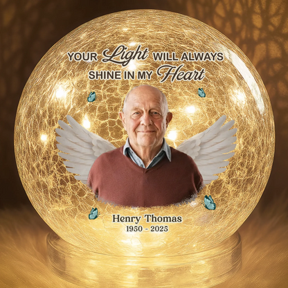 Custom Photo Crackle Glass LED Ball - Personalized Christmas Memorial Sympathy Gifts For Loss Of Mom, Dad - Your Love Stays Here