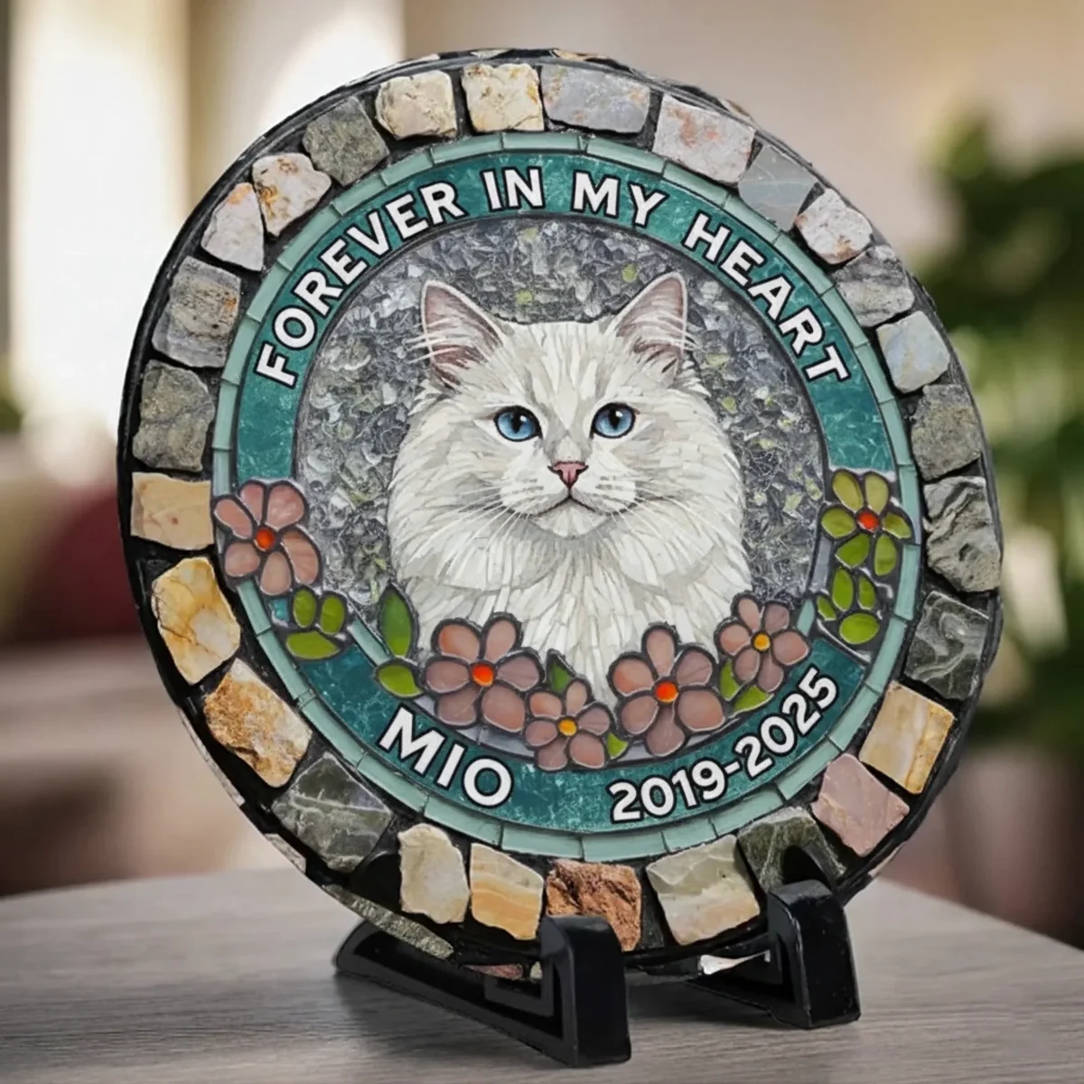 Custom Photo Forever Loved, Never Forgotten - Memorial Personalized Custom 3D Mosaic Faux Stained Glass Print Round Shaped Memorial Stone - Sympathy Gift For Pet Owners, Pet Lovers