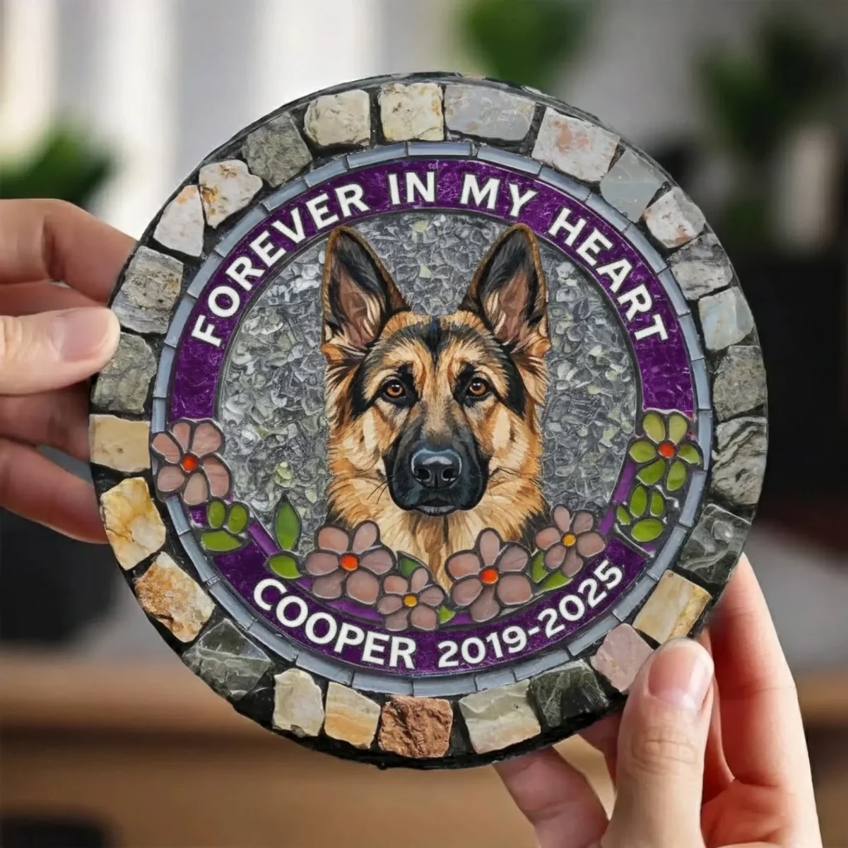 Custom Photo Forever Loved, Never Forgotten - Memorial Personalized Custom 3D Mosaic Faux Stained Glass Print Round Shaped Memorial Stone - Sympathy Gift For Pet Owners, Pet Lovers