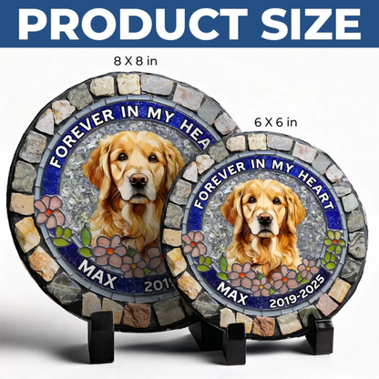 Custom Photo Forever Loved, Never Forgotten - Memorial Personalized Custom 3D Mosaic Faux Stained Glass Print Round Shaped Memorial Stone - Sympathy Gift For Pet Owners, Pet Lovers