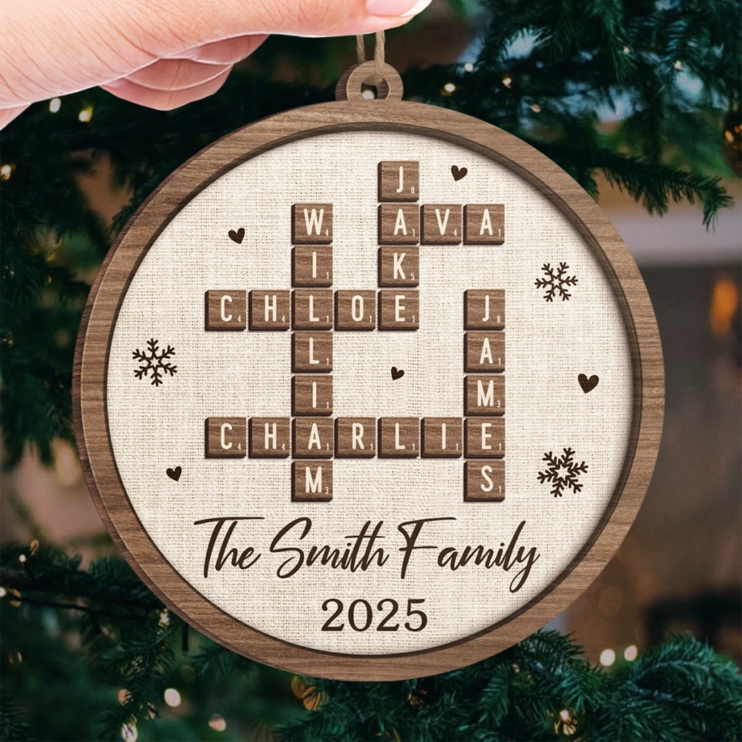 Custom Scrabble Wood Ornament - Personalized Christmas Birthday Gifts For Mom, Dad, Brother, Sister, Kids - Christmas Starts With Family Smiles