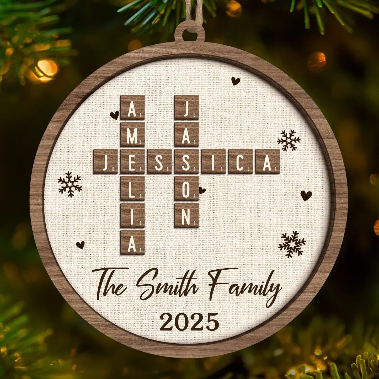 Custom Scrabble Wood Ornament - Personalized Christmas Birthday Gifts For Mom, Dad, Brother, Sister, Kids - Christmas Starts With Family Smiles
