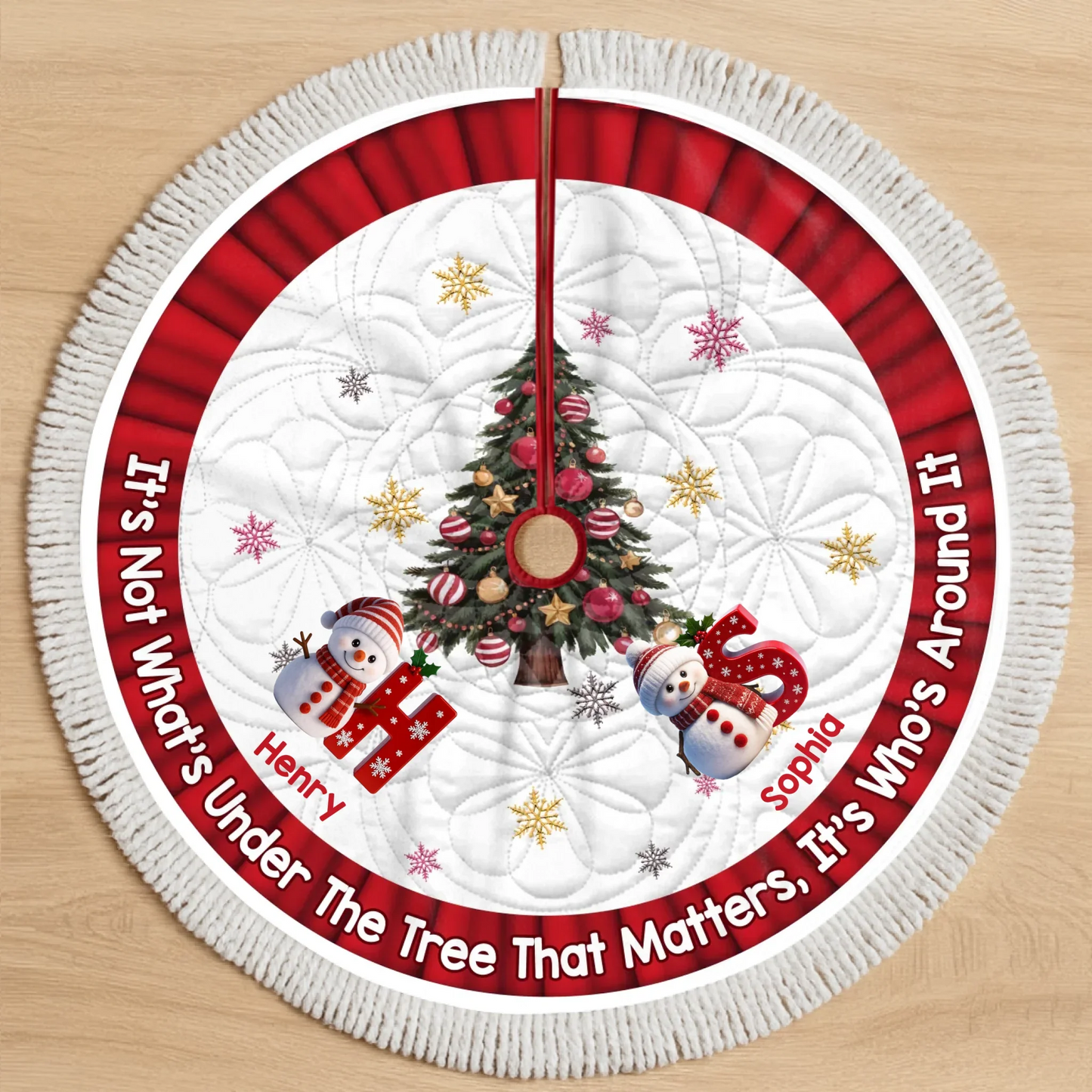 Custom Snowman Tree Skirt - Personalized Christmas Birthday Gifts For Mom, Dad, Brother, Sister, Kids - Hearts Shine Together This Christmas