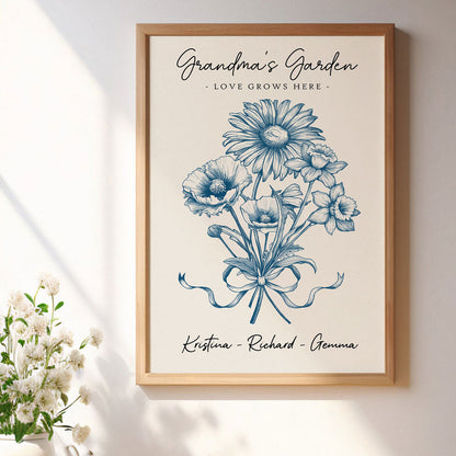 Vintage Floral Grandma Garden Birth Month Flowers Bouquet With Grandkids Names Personalized Poster