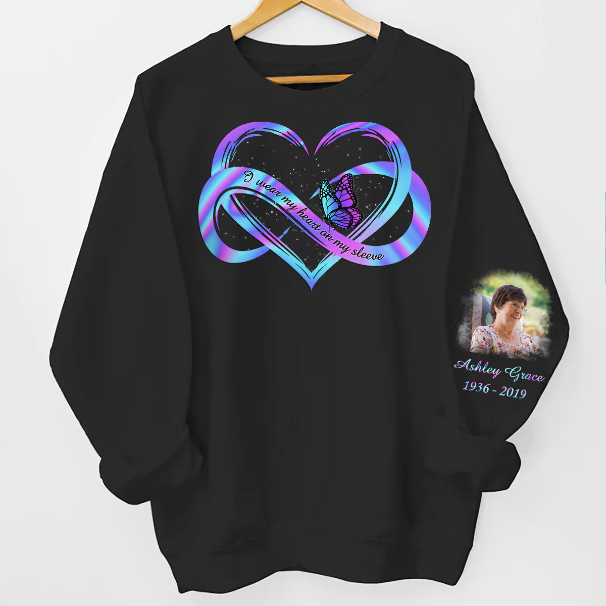 I Wear My Heart On My Sleeve Memorial, Sympathy Gift, Personalized Sleeve Printed Sweatshirt
