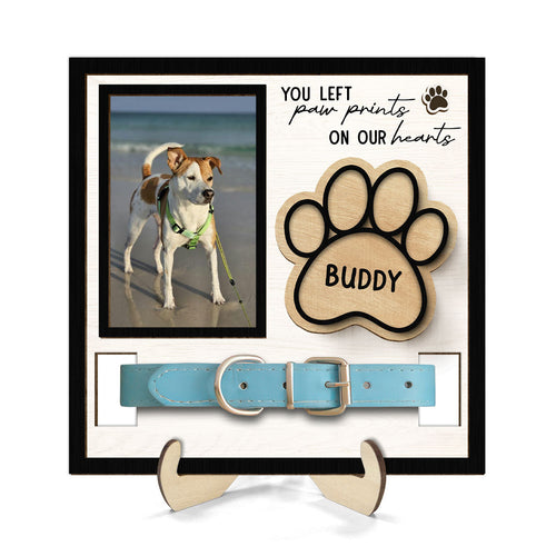 You Left Paw Prints On Our Hearts Photo Inserted Memorial Remembrance Gift Pet Collar Keepsake Personalized Wooden Pet Collar Holder