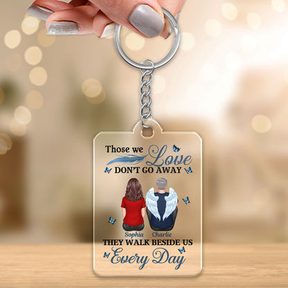 Those We Love Don‘t Go Away Blue Feather Family Memorial Remembrance Keepsake Personalized Acrylic Keychain