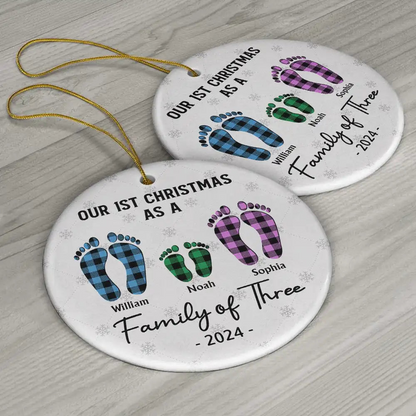 First Christmas As A Family Of Four Flannel Footprints - Personalized Circle Acrylic Ornament