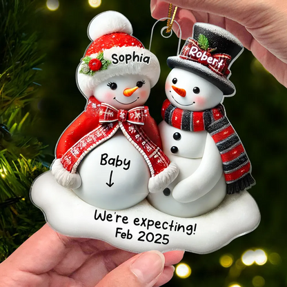 Snowman Couple Expecting Parents Pregnancy Announcement 3D Effect Keepsake Personalized Acrylic Ornament