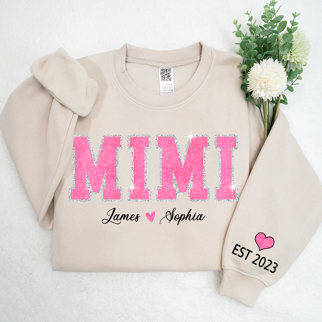 Personalized Mimi Pink Glitter, Custom Grandma Est With Kids TH Sweatshirt