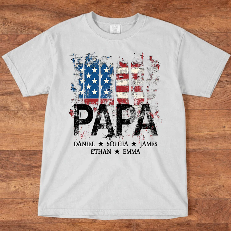 Comfort Colors® Papa American Flag Shirt With Name, Personalized Dad T Shirt Patriotic Style
