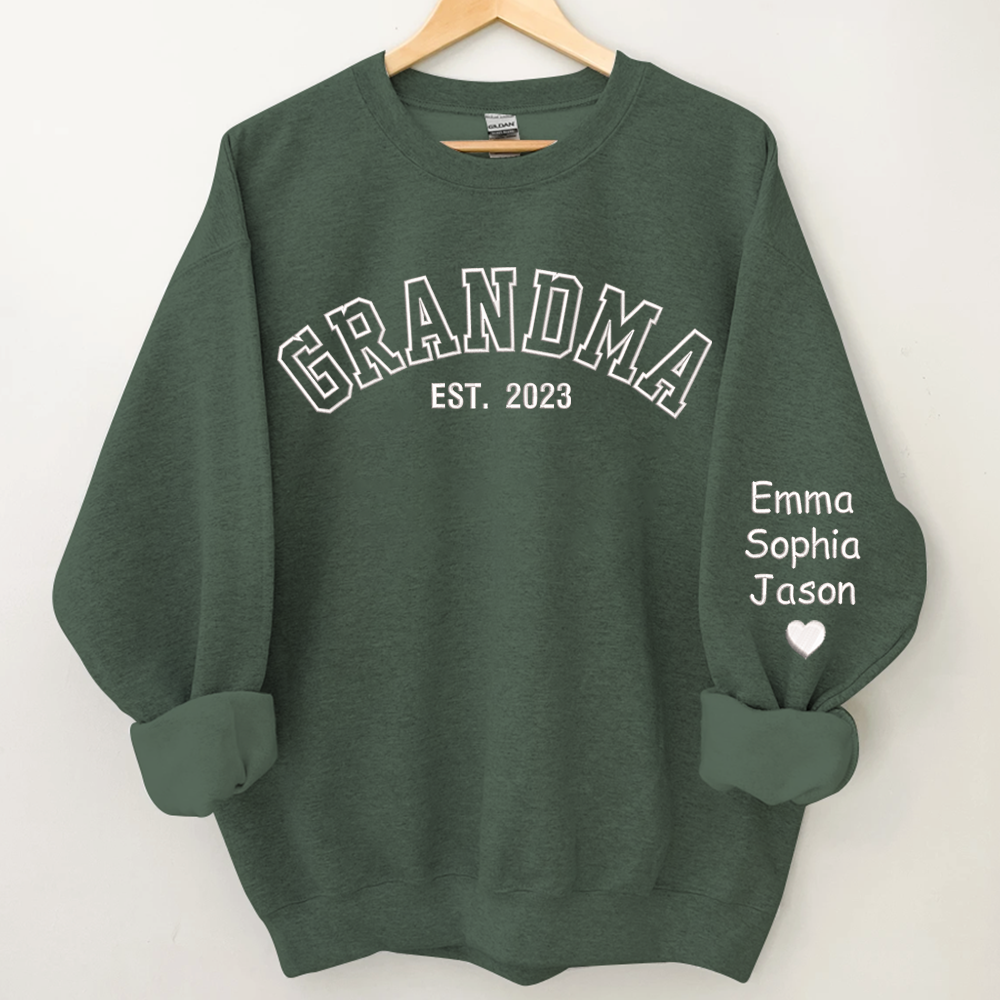 Custom Grandma Embroidered Sweatshirt, Grandma Est And Kids Name On Sleeve Sweatshirt, Mother's Day Gift For Grandma Mimi Nana Gigi Gaga Grammy