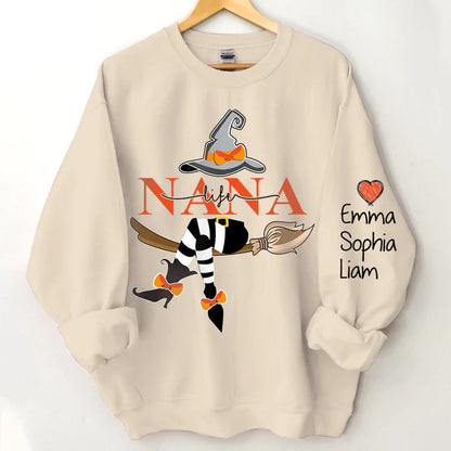 Personalized Nana Life Witch Halloween Sweatshirt, Custom Grandma With Grandkids Name On The Sleeve Halloween Sweatshirt