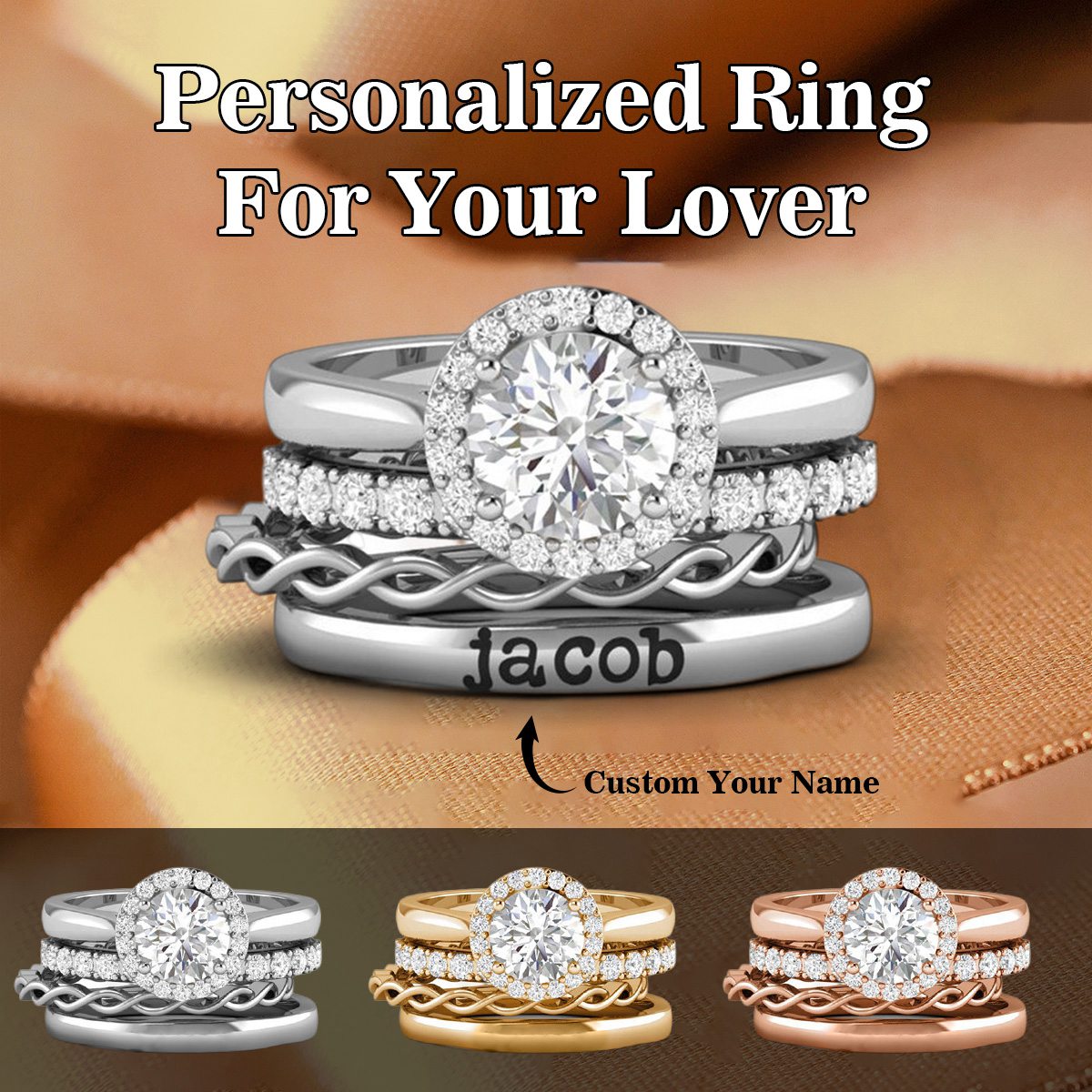 Personalized Custome Name Halo Engagement Ring Stack