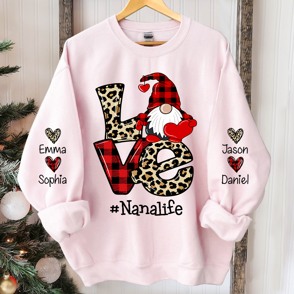 Love Nana Life Leopard Plaid Gnome Heart, Custom Nana And Kids Christmas, Grandma Gift TH Sweatshirt