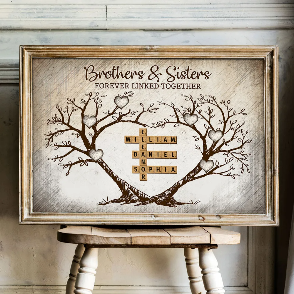 Brothers & Sisters Forever Linked Together Heart Tree Puzzle Crossword Art Personalized Poster, Gift For Brothers, Sisters, Siblings