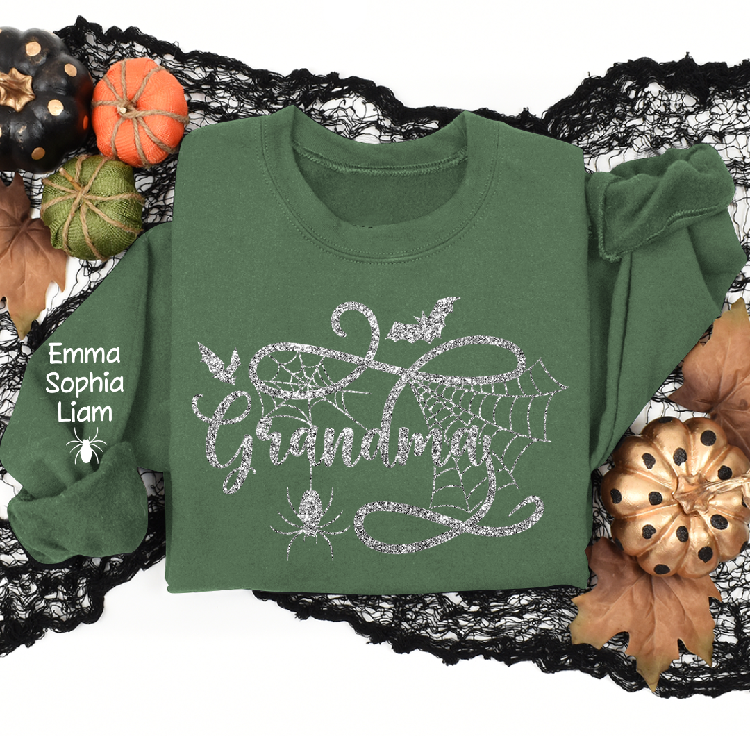 Custom Grandma Halloween With Grandkids Glitter Sweatshirt