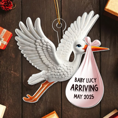 Stork Carrying Baby Bundle New Baby Arriving 3D Effect Personalized Acrylic Flat Ornament