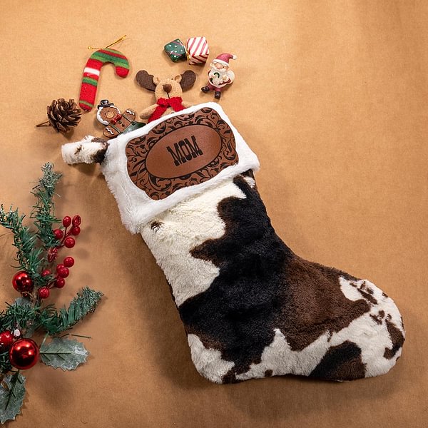 Personalised Western Cowboy Cow Print Fleece Christmas Stocking with Name Leather Patch Fireplace Tree Hanging Festival Decor Gift for Family Kids