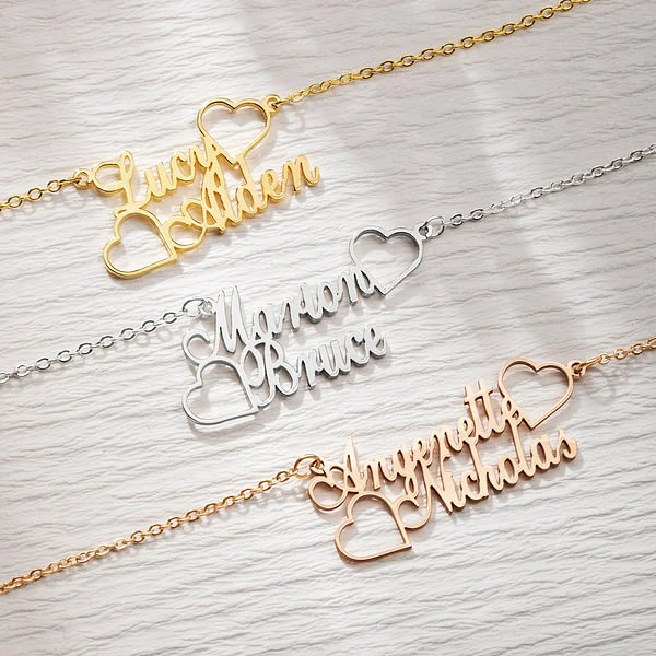 Personalized Two Name Necklace with Two Love Hearts Mother's Day Birthday Valentine's Day Gift for Women Girls