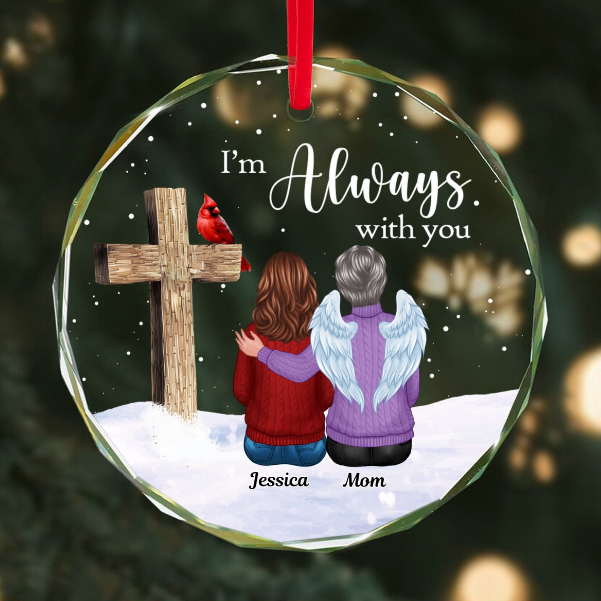 Always With You Family Cross Memorial Keepsake Personalized Glass Ornament