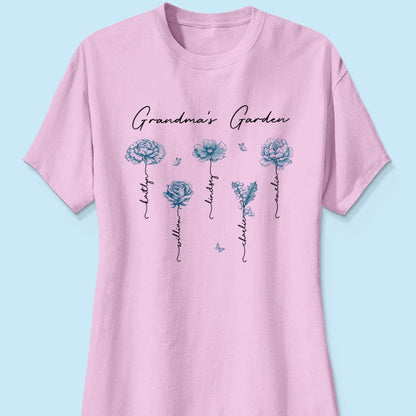 Grandma's Garden Retro Vintage Birthmonth Flowers Personalized Shirt, Grandkids Names Floral Gift for Grandma, Mom