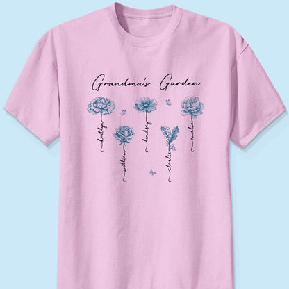 Grandma's Garden Retro Vintage Birthmonth Flowers Personalized Shirt, Grandkids Names Floral Gift for Grandma, Mom