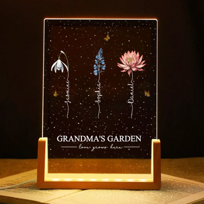Grandma's Garden Love Grows Here Birthmonth Flowers Personalized U-Base Acrylic LED Night Light, Grandkids Names Floral Gift