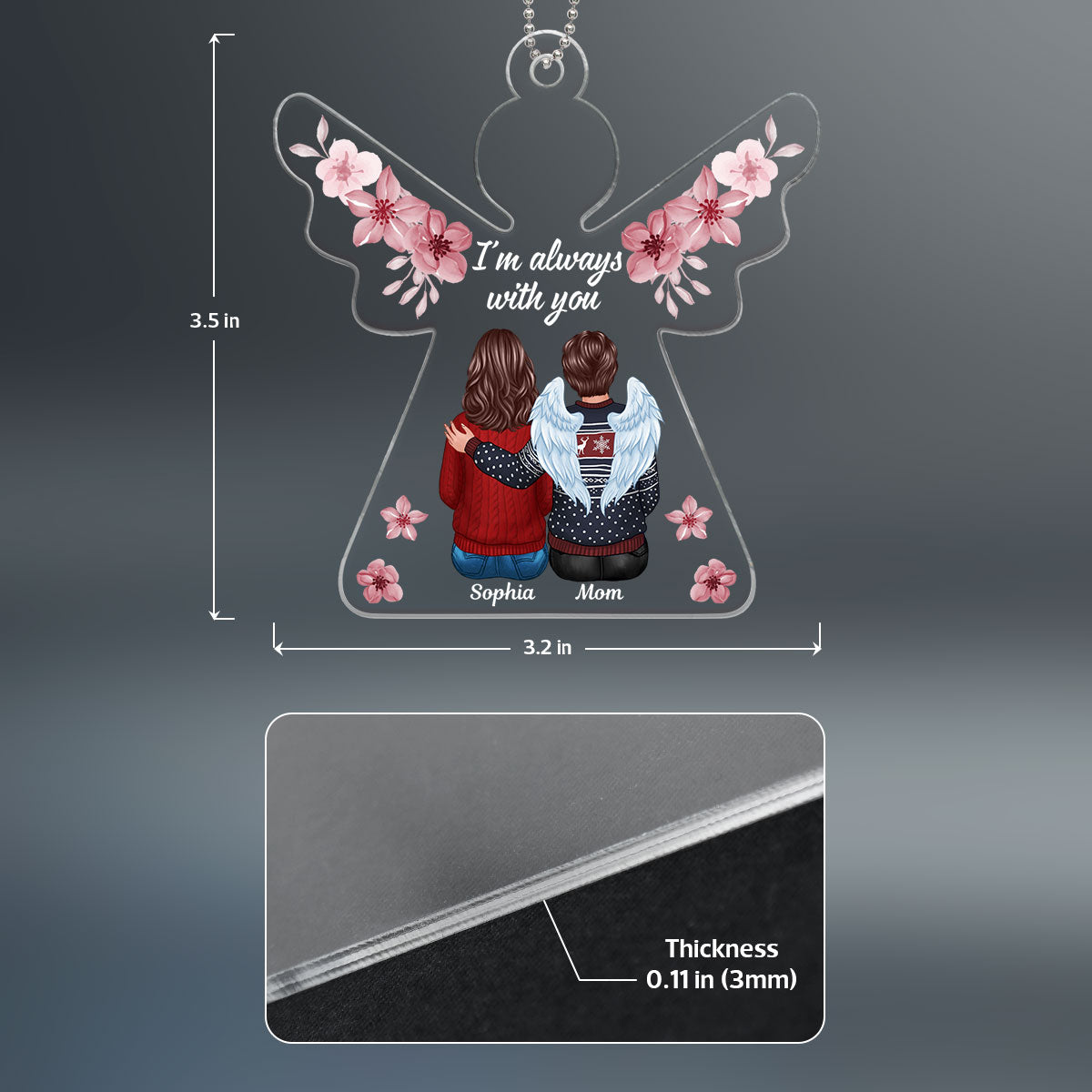 Always With You Pink Flowers Angel Shaped Memorial Keepsake Personalized Acrylic Ornament