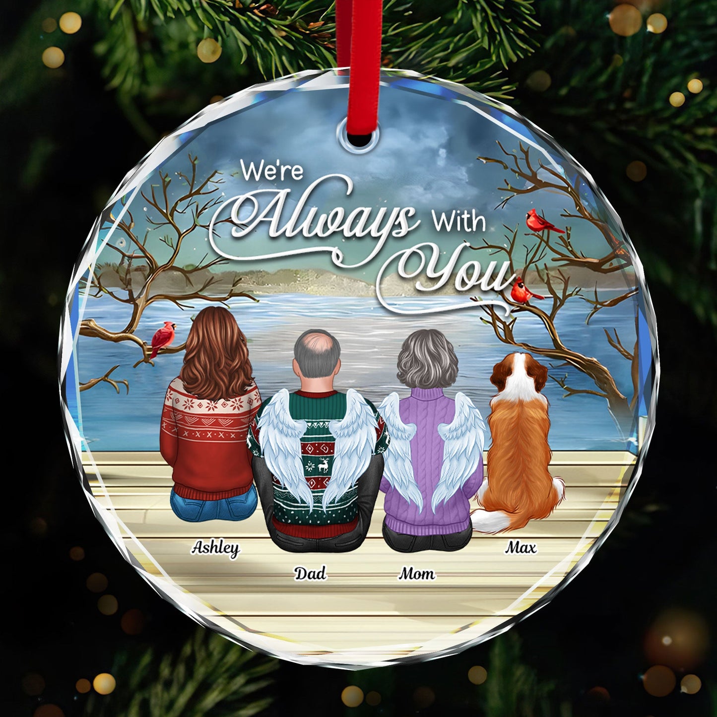 Always With You Christmas Family Sitting Back View Memorial Personalized Glass Ornament, Remembrance Gift, Sympathy Gift