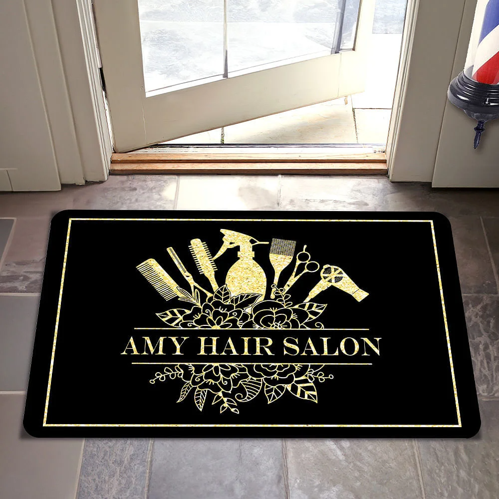 Personalised Floral Hair Cutting Tools Design Doormat with Text Salon Barber Shop Accessories Opening Gift for Hairstylist Hairdressing Lovers