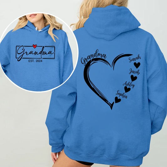 Personalized Grandma Est. Hoodie with Grandkids Names in Heart - Custom Gift for Grandma Hoodie