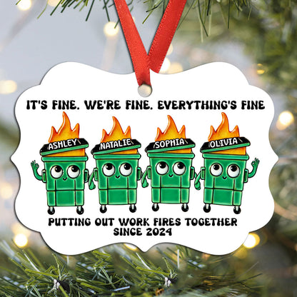 Putting Out Work Fires Together Work Bestie Dumpster Fire Funny Gift For Colleagues Personalized Aluminum Ornament